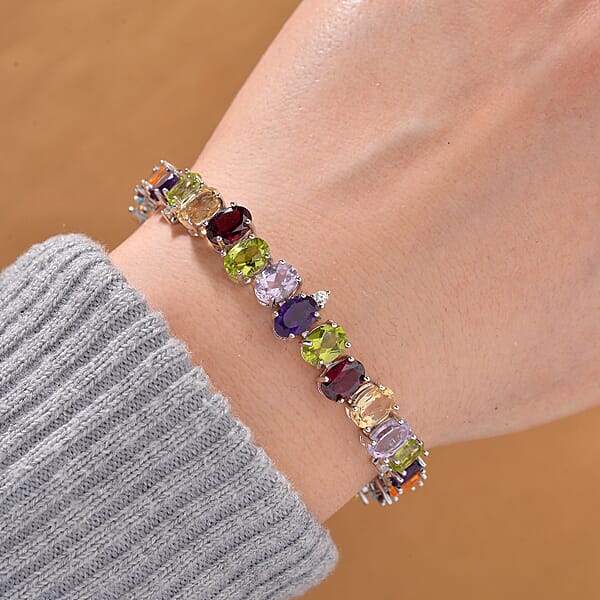 Multi Gemstone 19.20 Ctw Rainbow Cascade Bracelet In Rhodium Over Sterling Silv (8.00 In)