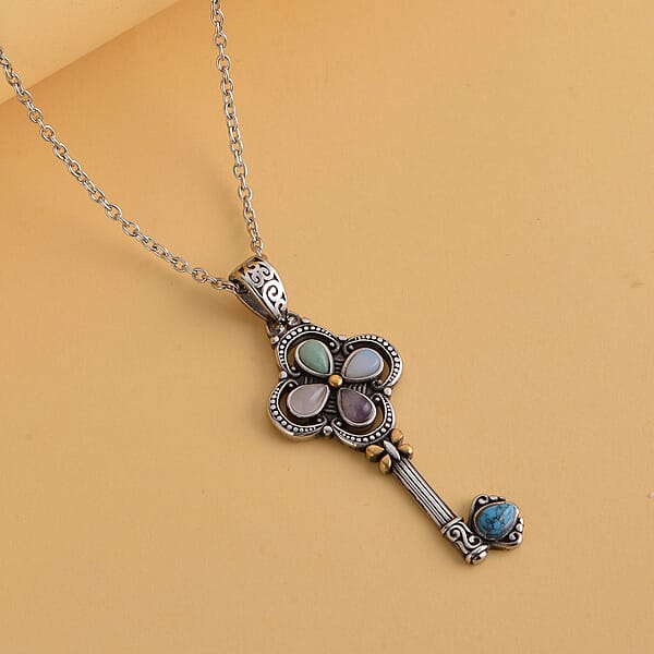 Multi Gemstone 2.50 Ctw Key Pendant Necklace In ION Plated Yellow Gold And Stainless Steel 20 Inches