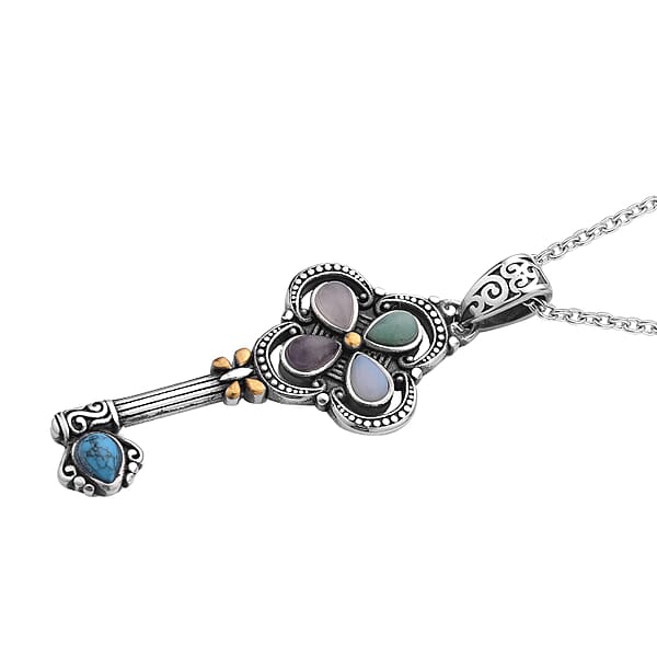 Multi Gemstone 2.50 Ctw Key Pendant Necklace In ION Plated Yellow Gold And Stainless Steel 20 Inches