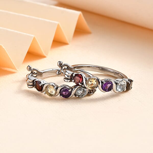 Multi Gemstone 2.80 Ctw Hoop Earrings In Stainless Steel