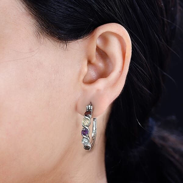 Multi Gemstone 2.80 Ctw Hoop Earrings In Stainless Steel