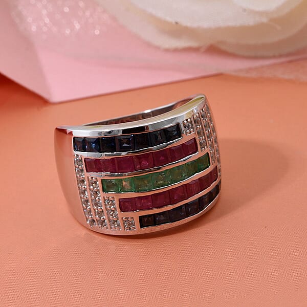 Multi Gemstone 3.20 Ctw Prismatic Symphony Ring In Rhodium Over Sterling Silver