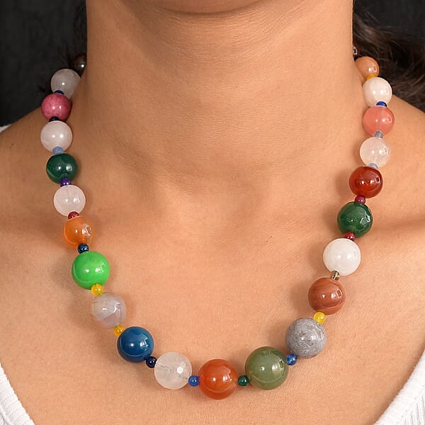 Multi Gemstone 400.00 Ctw Beaded Necklace In Platinum Bond 18 Inches