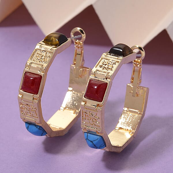 Multi Gemstone 5.00 Ctw Hoop Earrings In Goldtone