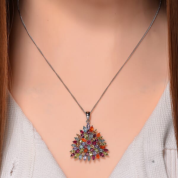 Multi Gemstone 5.25 Ctw Floral Spray Pendant Necklace In Platinum And Rhodium Over Sterling Silver 18 Inches