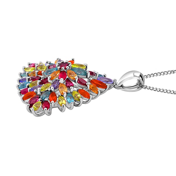 Multi Gemstone 5.25 Ctw Floral Spray Pendant Necklace In Platinum And Rhodium Over Sterling Silver 18 Inches