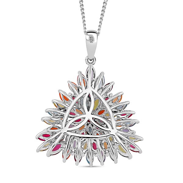 Multi Gemstone 5.25 Ctw Floral Spray Pendant Necklace In Platinum And Rhodium Over Sterling Silver 18 Inches