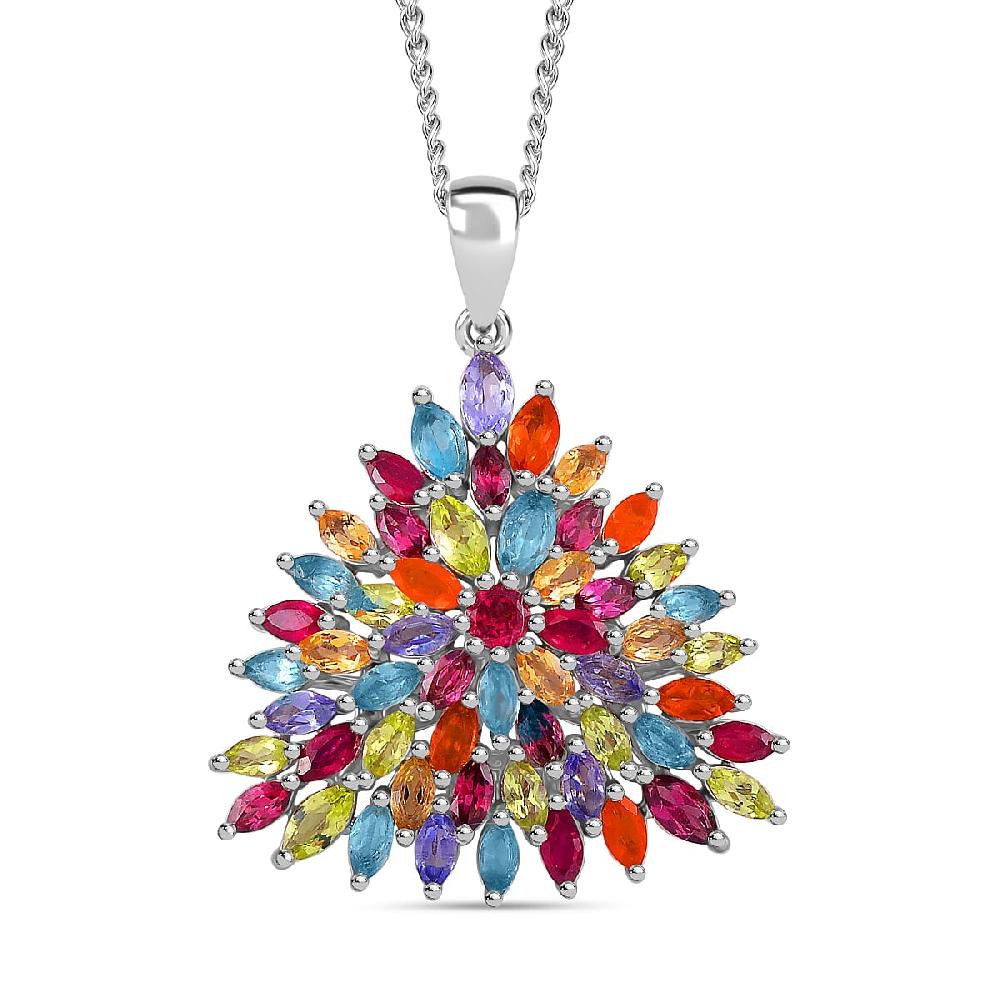 Multi Gemstone 5.25 ctw Floral Spray Pendant Necklace in Platinum and Rhodium Over Sterling Silver 18 Inches