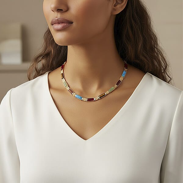 Multi Gemstone 50.00 Ctw Necklace In Goldtone 16.5 Inches