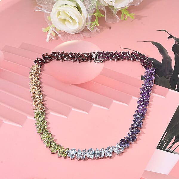 Multi Gemstone 87.35 Ctw Blossom Spectrum Necklace 18 Inches In Rhodium Over Sterling Silver