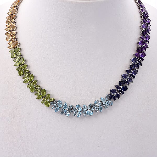 Multi Gemstone 87.35 Ctw Blossom Spectrum Necklace 18 Inches In Rhodium Over Sterling Silver