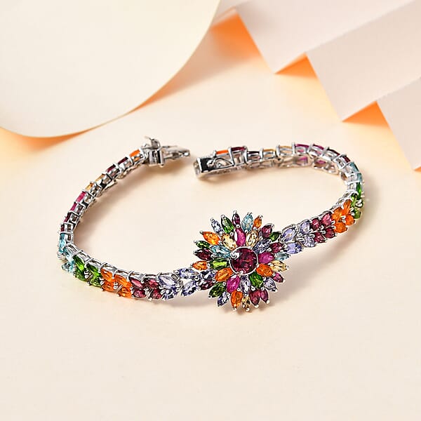 Multi Gemstone Floral Spray Bracelet In Platinum Over Sterling Silver (7.25 In) 18.35 Ctw