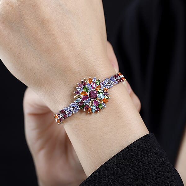 Multi Gemstone Floral Spray Bracelet In Platinum Over Sterling Silver (7.25 In) 18.35 Ctw