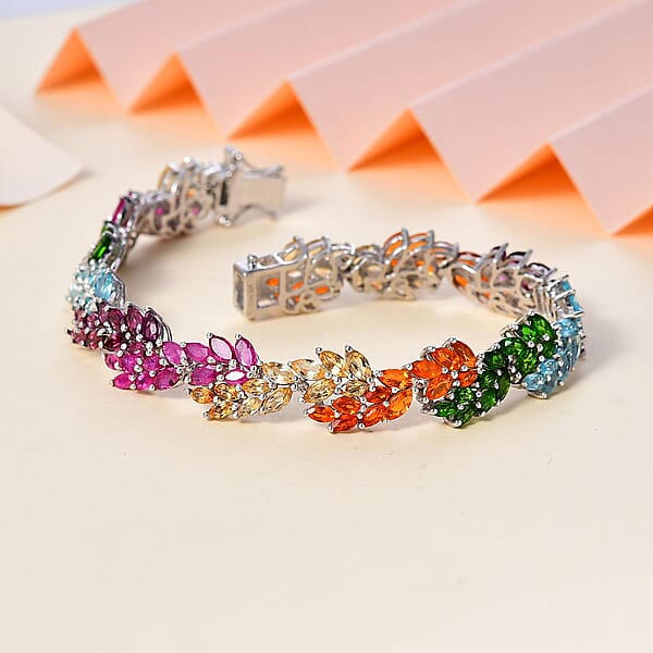 Multi Gemstone Leaf Creeper Bracelet In Platinum Over Sterling Silver (7.25 In) 17.50 Ctw