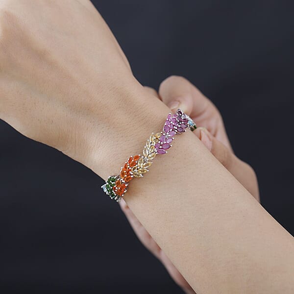 Multi Gemstone Leaf Creeper Bracelet In Platinum Over Sterling Silver (7.25 In) 17.50 Ctw