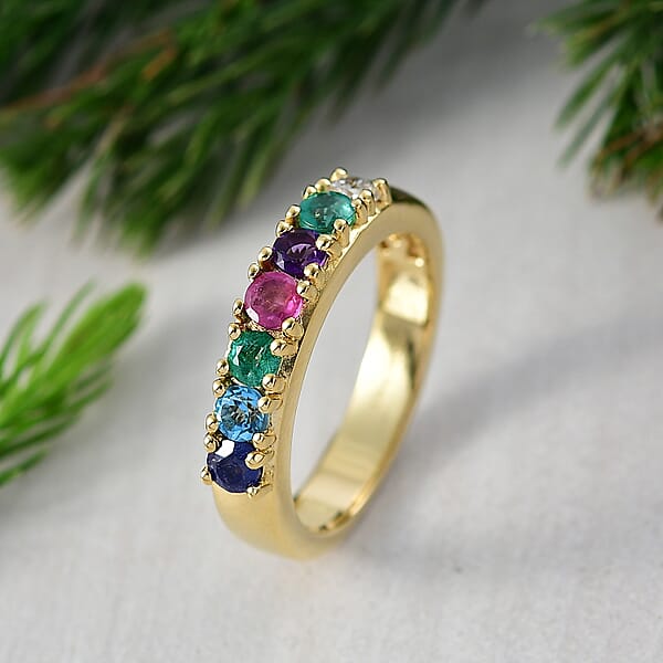 Multi Gemstones And Luxuriant Lab Grown Diamond I1 0.90 Ctw Ring In 18K Vermeil Yellow Gold Over Sterling Silver