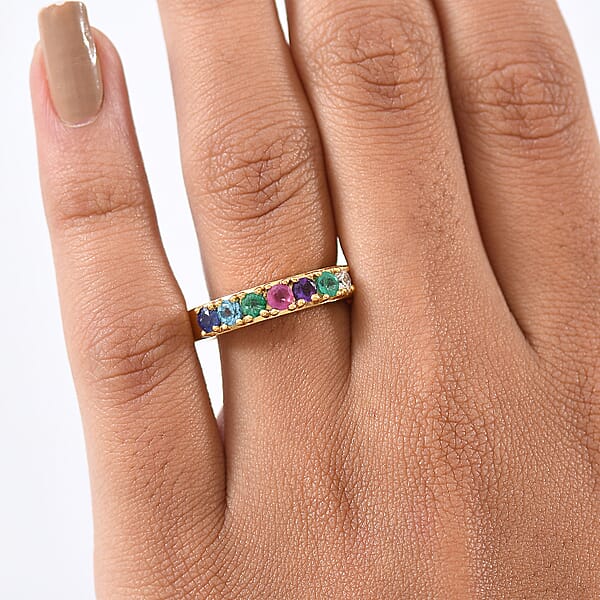 Multi Gemstones And Luxuriant Lab Grown Diamond I1 0.90 Ctw Ring In 18K Vermeil Yellow Gold Over Sterling Silver