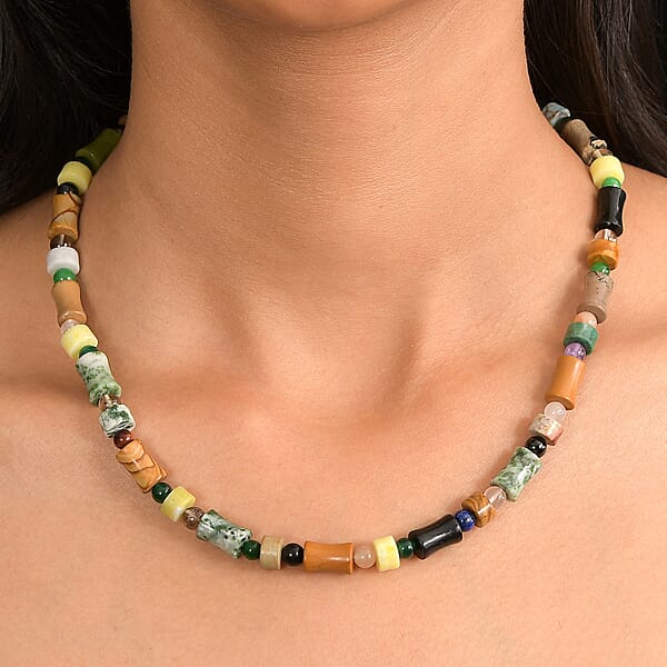 Multi Jasper Multi Gemstone Necklace In Stainless Steel 190.11 Ctw (18 Inches)