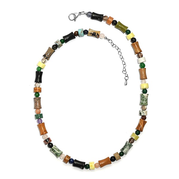 Multi Jasper Multi Gemstone Necklace In Stainless Steel 190.11 Ctw (18 Inches)