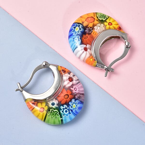 Multi Murano Style Basket Hoop Earrings In Stainless Steel Floral Millefiori Earrings Sweatproof Hypoallergenic Earrings
