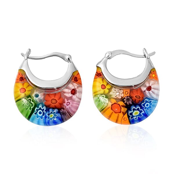 Multi Murano Style Basket Hoop Earrings In Stainless Steel Floral Millefiori Earrings Sweatproof Hypoallergenic Earrings