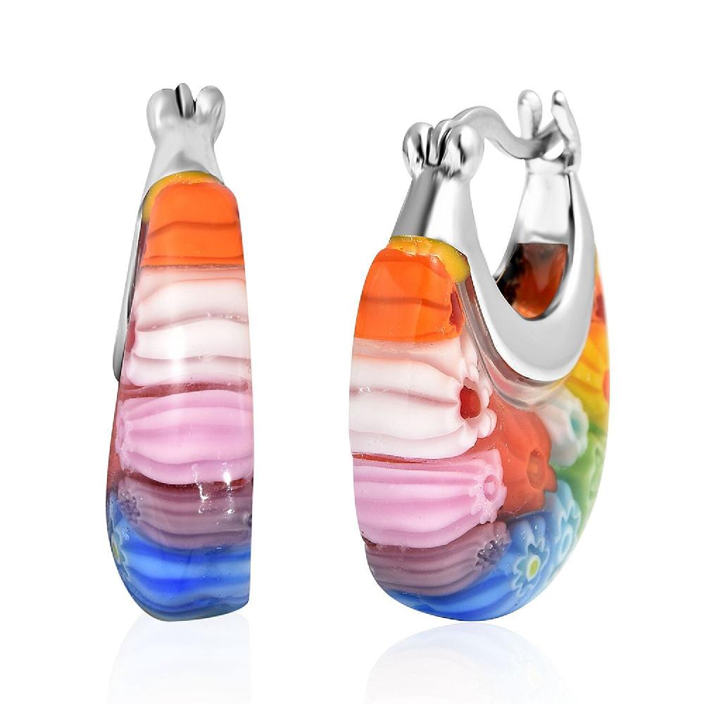 Multi Murano Style Basket Hoop Earrings in Stainless Steel Floral Millefiori Earrings Sweatproof Hypoallergenic Earrings