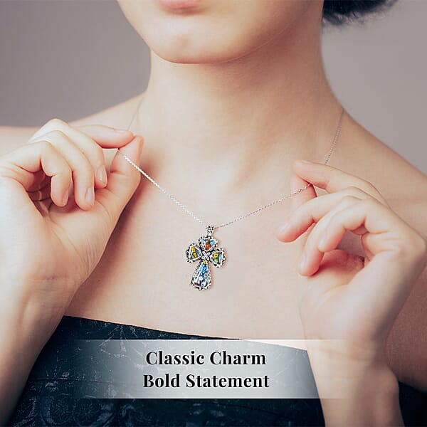 Multi Murano Style Cross Pendant Necklace For Women In Stainless Steel 20 Inches