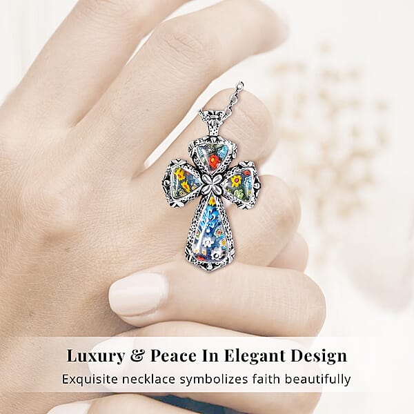 Multi Murano Style Cross Pendant Necklace For Women In Stainless Steel 20 Inches