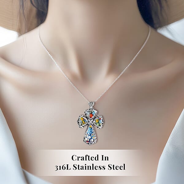 Multi Murano Style Cross Pendant Necklace For Women In Stainless Steel 20 Inches