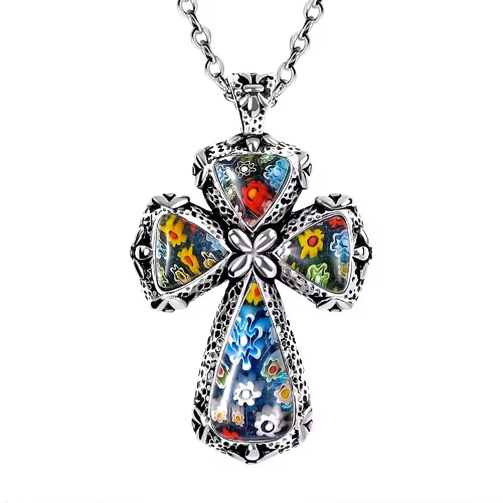 Multi Murano Style Cross Pendant Necklace For Women in Stainless Steel 20 Inches