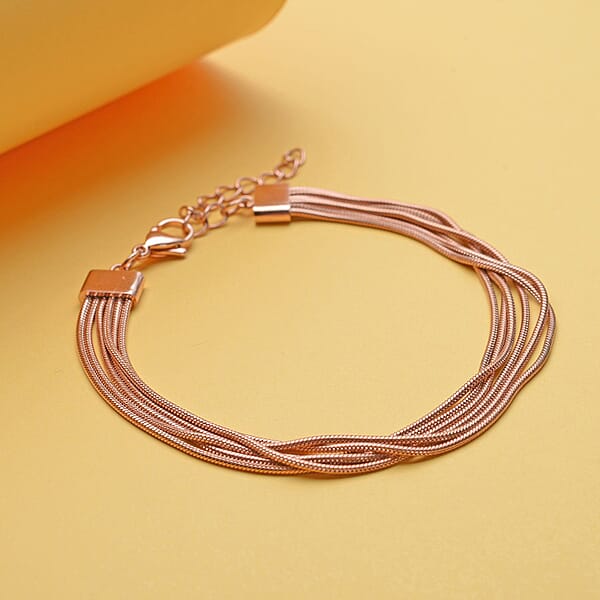 Multi Row Snake Chain Bracelet In ION Plated Rose Gold Stainless Steel (7.50-9.00In)