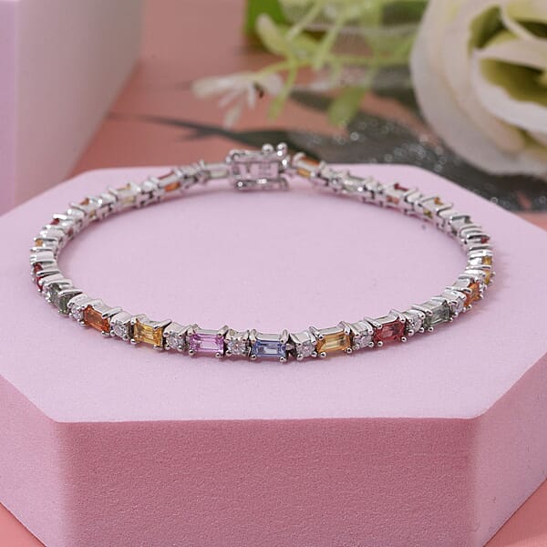 Multi Sapphire And Moissanite 4.40 Ctw Symphony Bracelet In Rhodium Over Sterling Silver (7.25 In)
