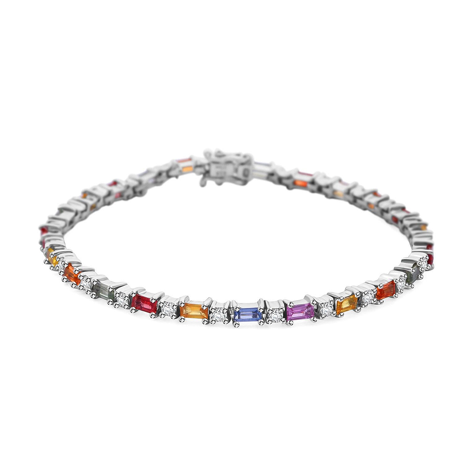 Multi Sapphire and Moissanite 4.40 ctw Symphony Bracelet in Rhodium Over Sterling Silver (7.25 In)