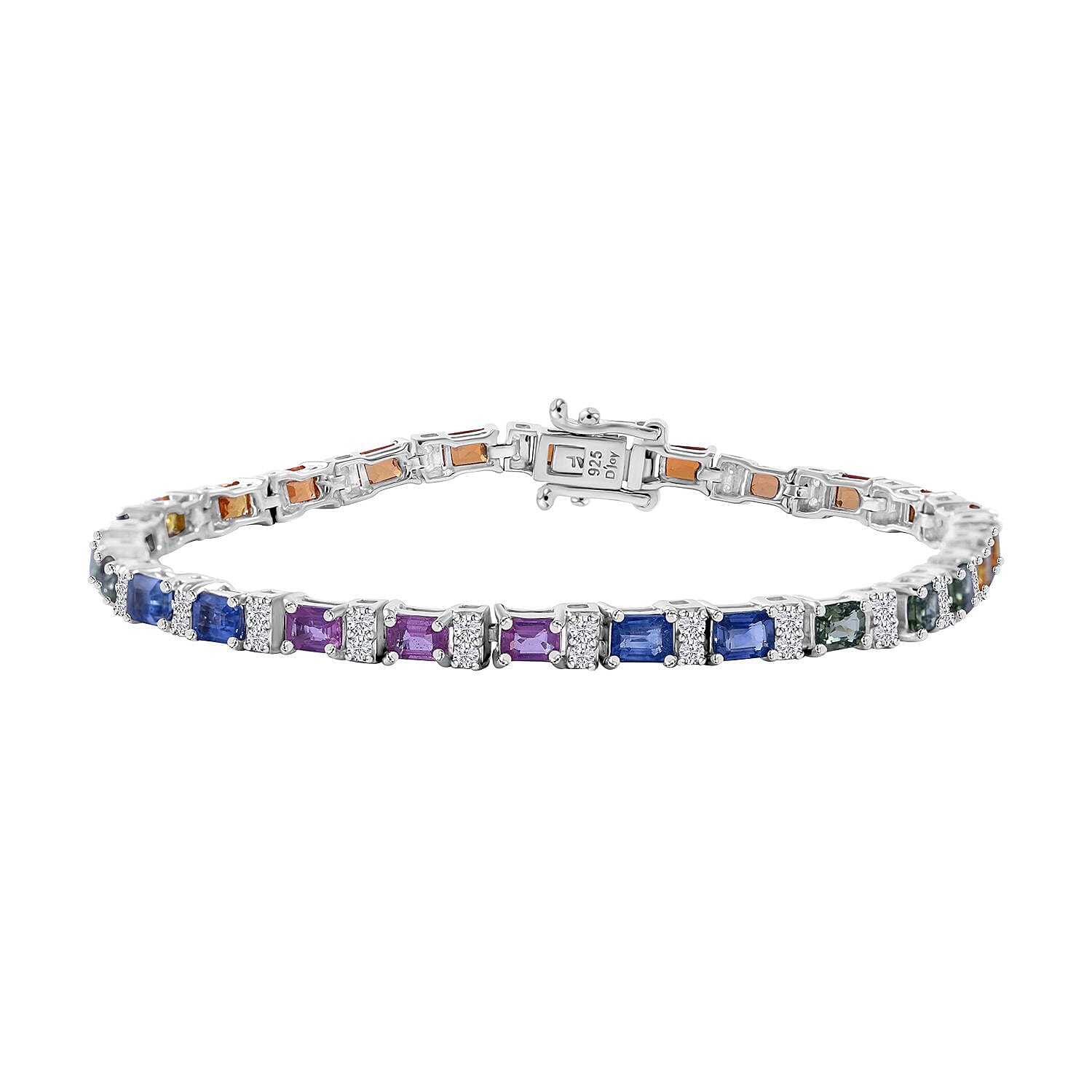 Multi Sapphire and Moissanite 9.50 ctw Rainbow Cascade Bracelet in Rhodium Over Sterling Silver (8.00 In)