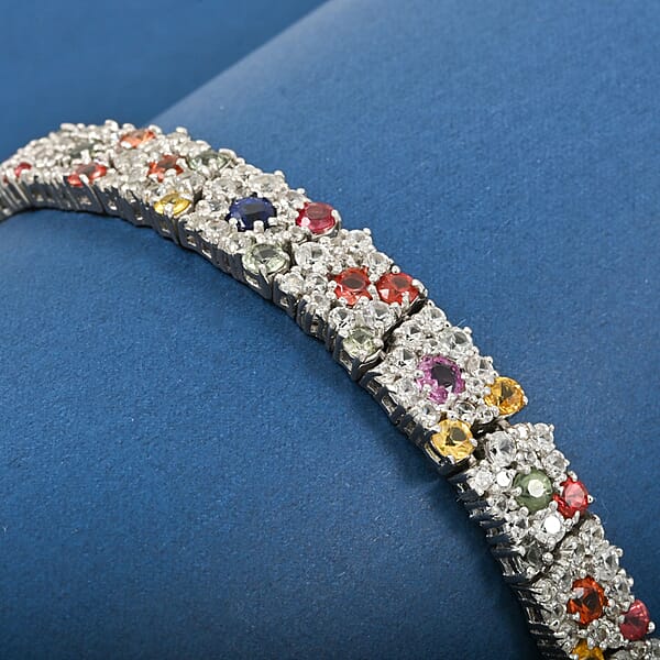 Multi Sapphire And White Zircon 16.15 Ctw Rainbow Radiance Bracelet In Rhodium Over Sterling Silve (7.25 In)