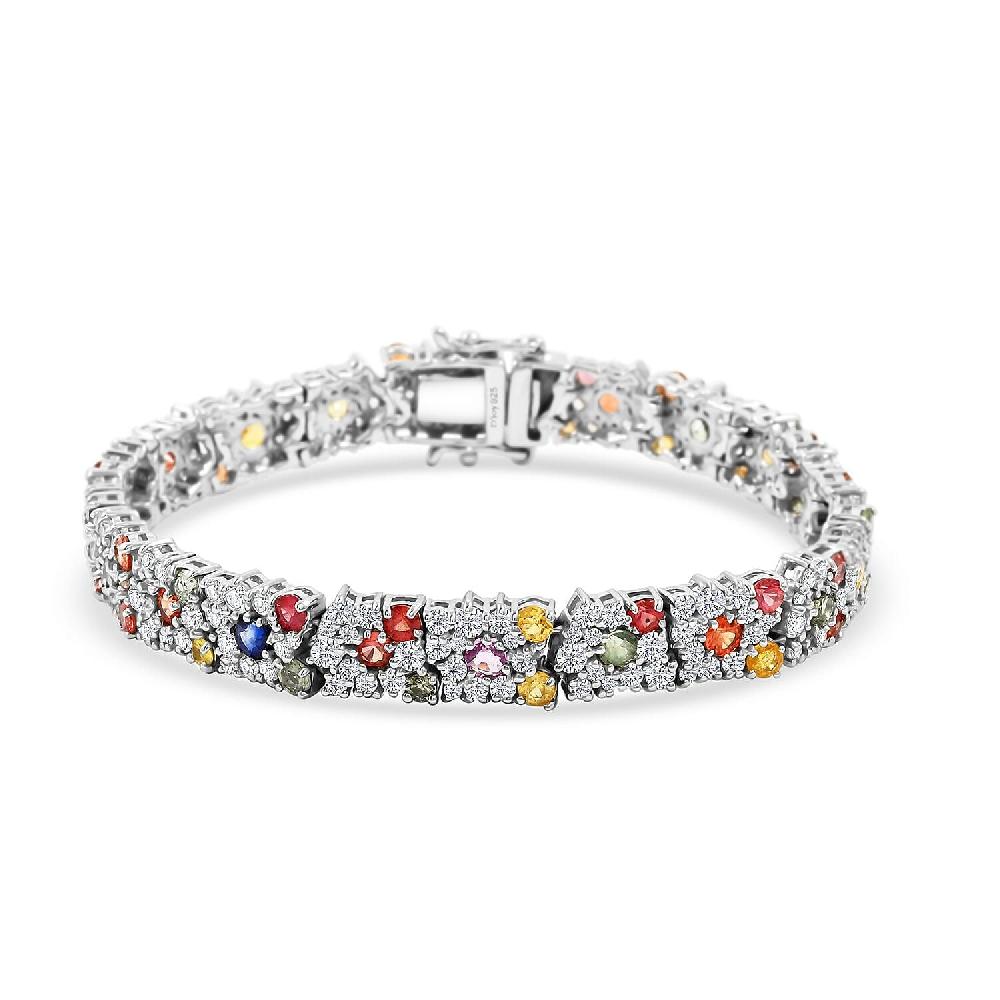 Multi Sapphire and White Zircon 16.15 ctw Rainbow Radiance Bracelet in Rhodium Over Sterling Silve (7.25 In)