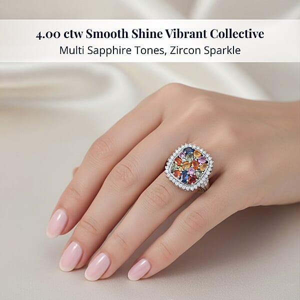 Multi Sapphire And White Zircon 4.00 Ctw Sunburst Elegance Ring In Rhodium Over Sterling Silver