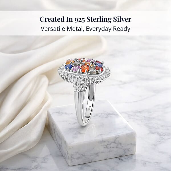 Multi Sapphire And White Zircon 4.00 Ctw Sunburst Elegance Ring In Rhodium Over Sterling Silver