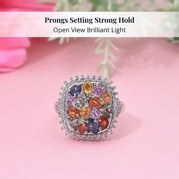 Multi Sapphire And White Zircon 4.00 Ctw Sunburst Elegance Ring In Rhodium Over Sterling Silver