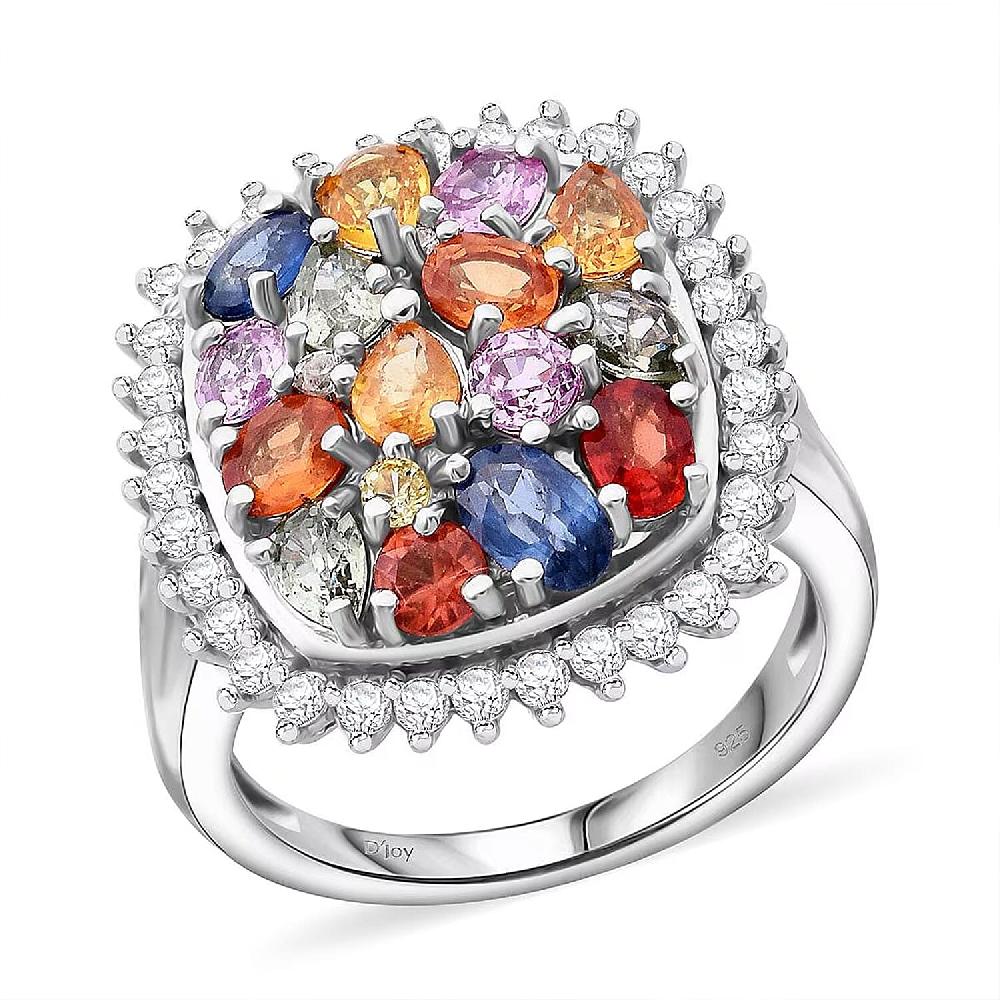 Multi Sapphire and White Zircon 4.00 ctw Sunburst Elegance Ring in Rhodium Over Sterling Silver