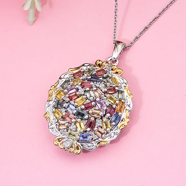 Multi Sapphire And White Zircon 4.15 Ctw Prism Blossom Pendant Necklace In 18K Vermeil YG And Rhodium Over Sterling Silver 20 Inches