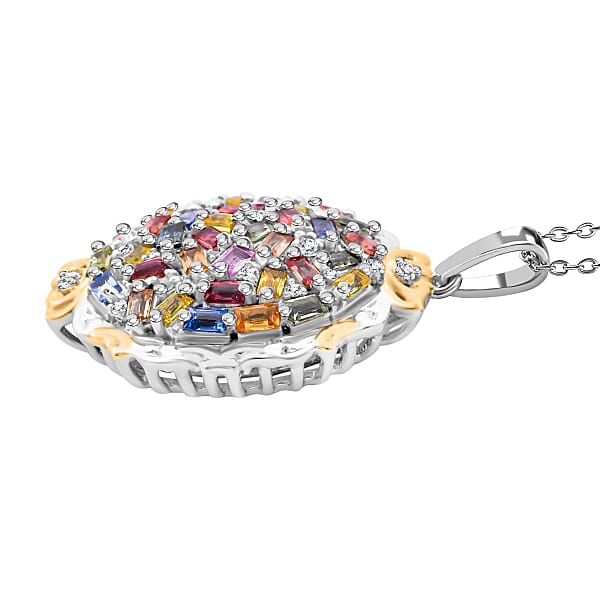 Multi Sapphire And White Zircon 4.15 Ctw Prism Blossom Pendant Necklace In 18K Vermeil YG And Rhodium Over Sterling Silver 20 Inches