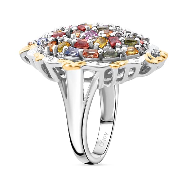 Multi Sapphire And White Zircon 4.15 Ctw Prism Blossom Ring In 18K Vermeil YG And Rhodium Over Sterling Silver