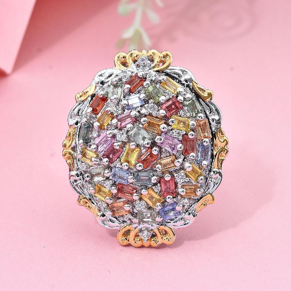 Multi Sapphire and White Zircon 4.15 ctw Prism Blossom Ring in 18K Vermeil YG and Rhodium Over Sterling Silver