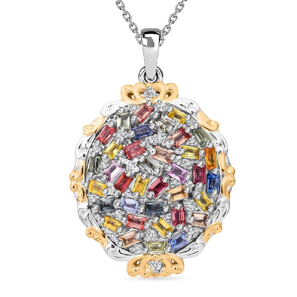 Multi Sapphire and White Zircon 4.15 ctw Prism Blossom Pendant Necklace in 18K Vermeil YG and Rhodium Over Sterling Silver 20 Inches