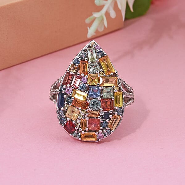 Multi Sapphire And White Zircon 5.40 Ctw Ring In Rhodium Over Sterling Silver