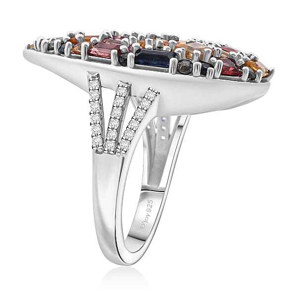 Multi Sapphire And White Zircon 5.40 Ctw Ring In Rhodium Over Sterling Silver