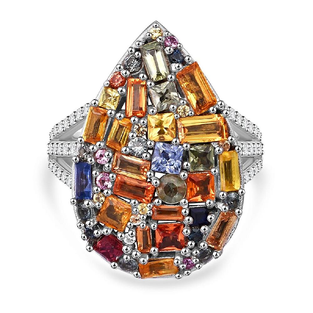 Multi Sapphire and White Zircon 5.40 ctw Ring in Rhodium Over Sterling Silver
