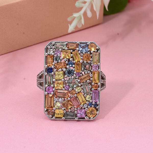 Multi Sapphire And White Zircon 6.00 Ctw Ring In Rhodium Over Sterling Silver