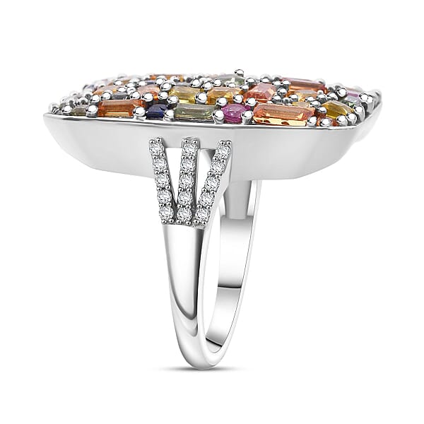 Multi Sapphire And White Zircon 6.00 Ctw Ring In Rhodium Over Sterling Silver